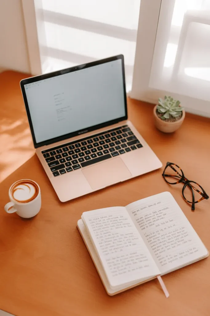 Beginner freelance writer workspace setup with laptop and notebook to make money writing online from home