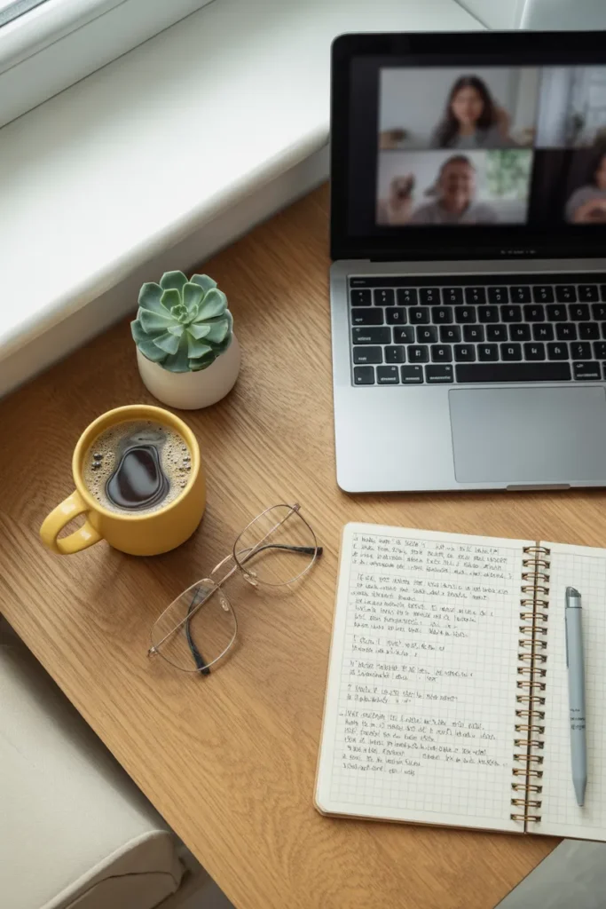 Cozy home desk setup for online tutoring jobs with laptop and notebook in natural light
