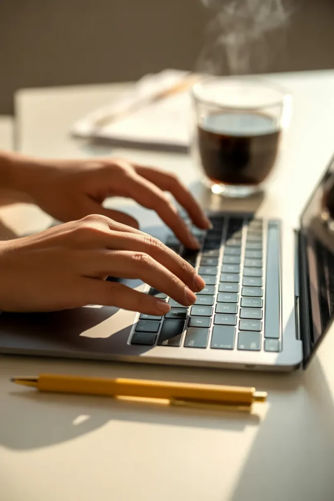 Hands typing online tutoring job application on laptop in warm daylight