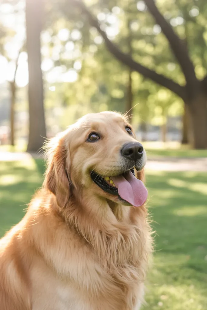 Happy golden retriever enjoying a walk with professional Rover dog walker in the park