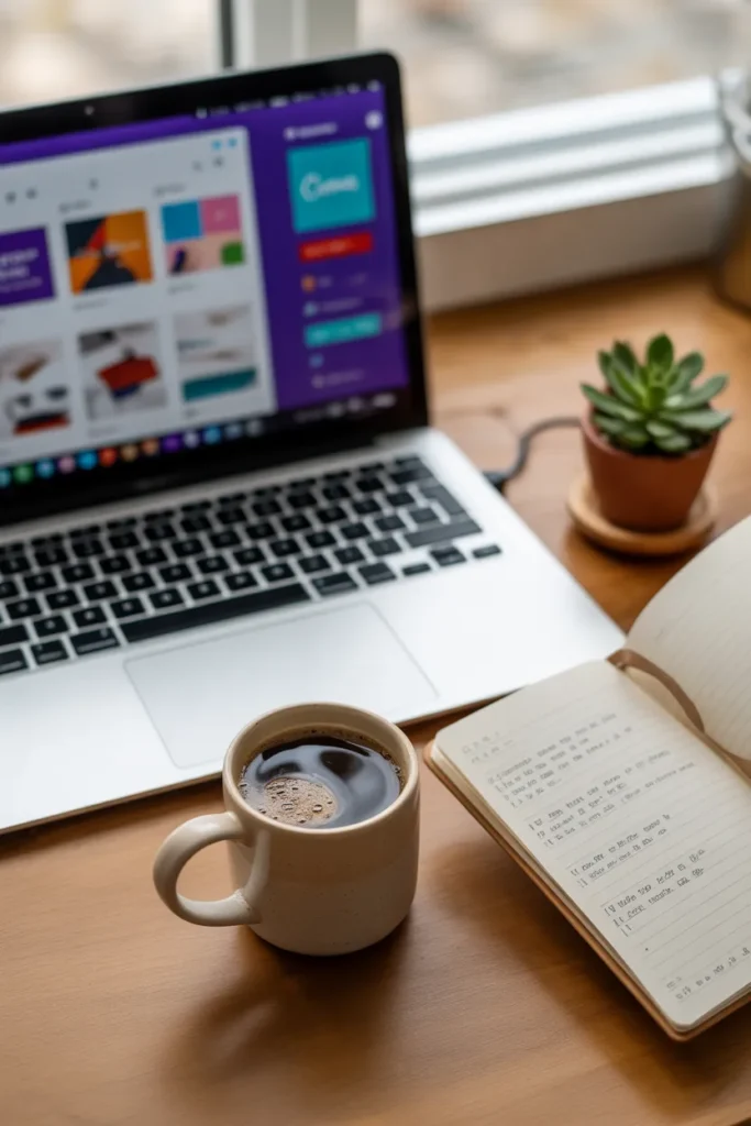 How to make money with Canva in 2026 beginner guide on laptop desk setup