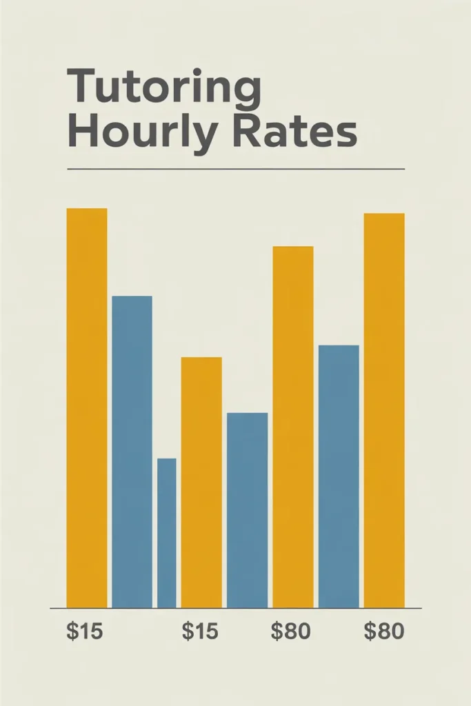 Online tutoring jobs hourly pay range chart showing $15 to $80 per hour by subject