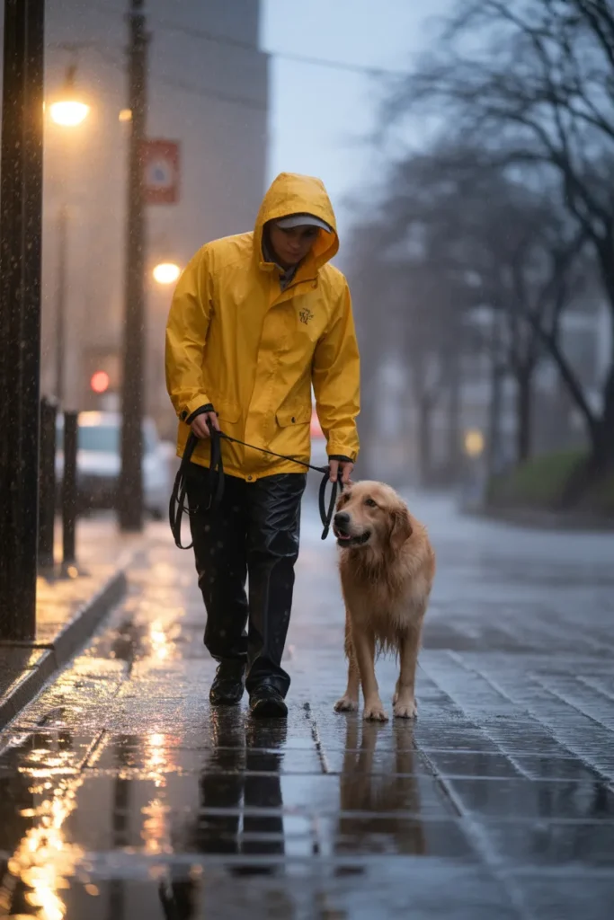 Rover dog walker handling bad weather challenges as part of the pet care side hustle