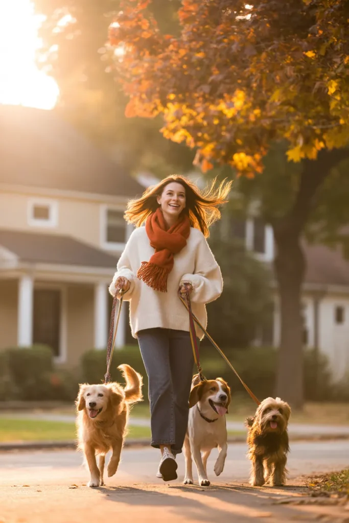 Rover dog walking review showing young woman earning money walking three dogs on a neighborhood street