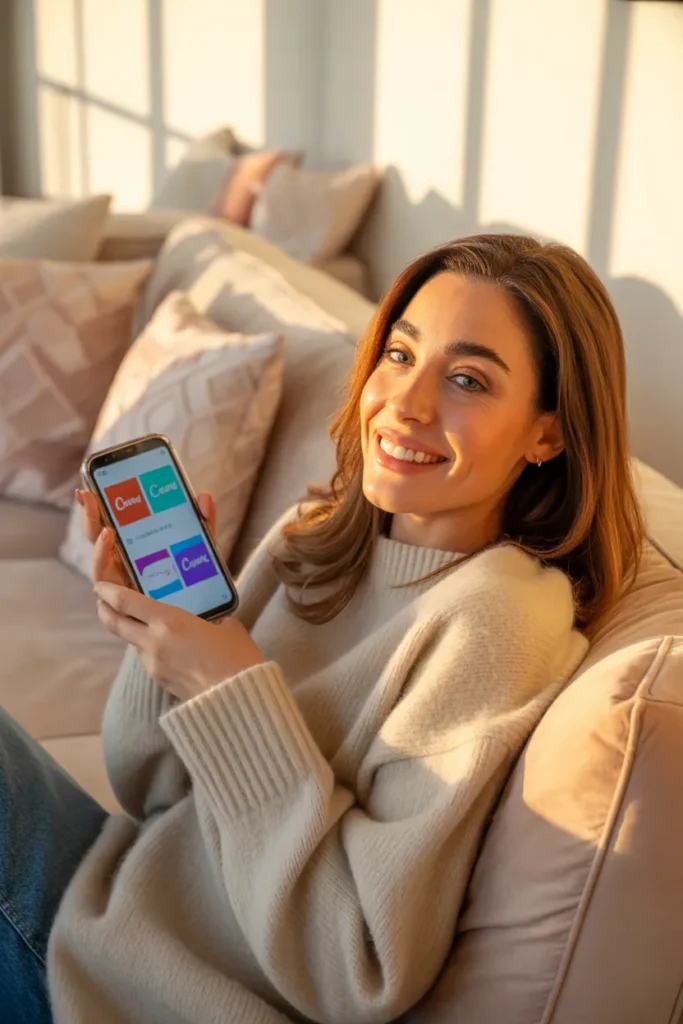 Woman creating Canva templates from home to make passive income online