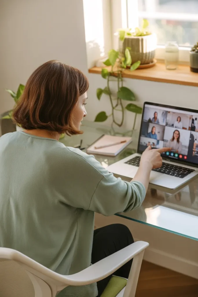 Woman working an online english tutoring job from home at a sunlit wooden desk