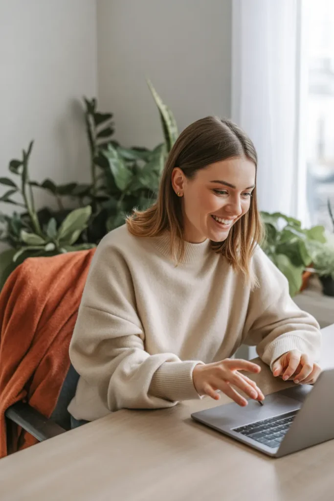 Young woman beginner tutor working an online tutoring job from home in cozy sweater