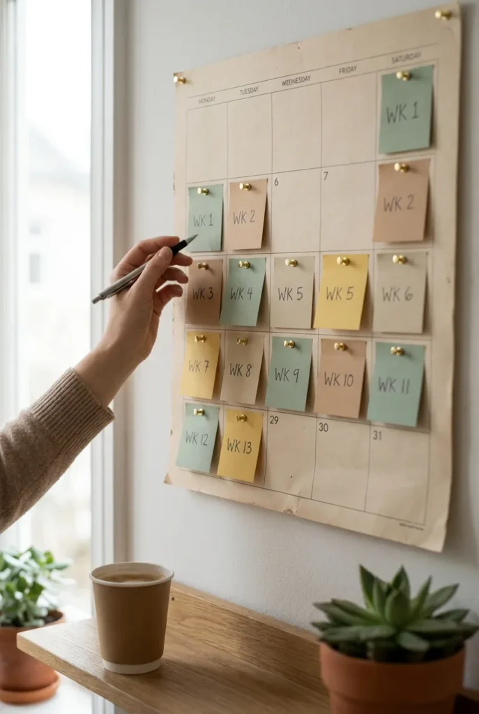 90 day side hustle plan calendar with sticky notes marking weekly milestones
