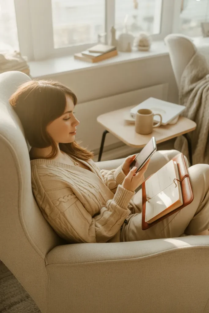 Beginner reading about side hustles you can start with no money on phone in cozy chair.