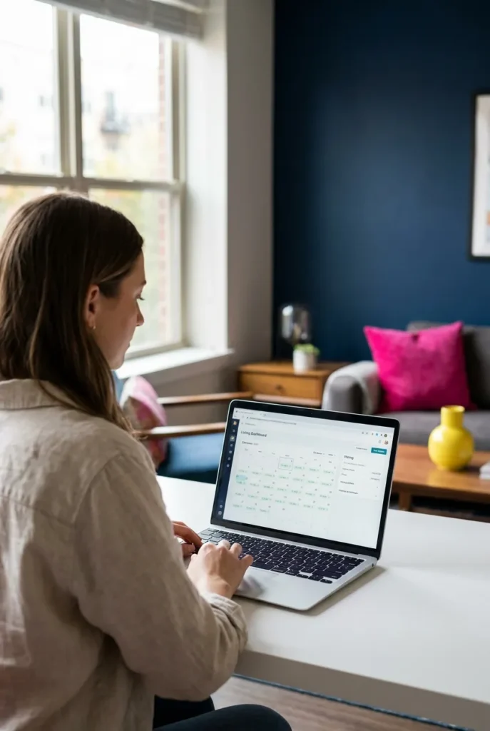 Beginner reviewing Airbnb rental arbitrage dashboard on laptop in a furnished apartment.