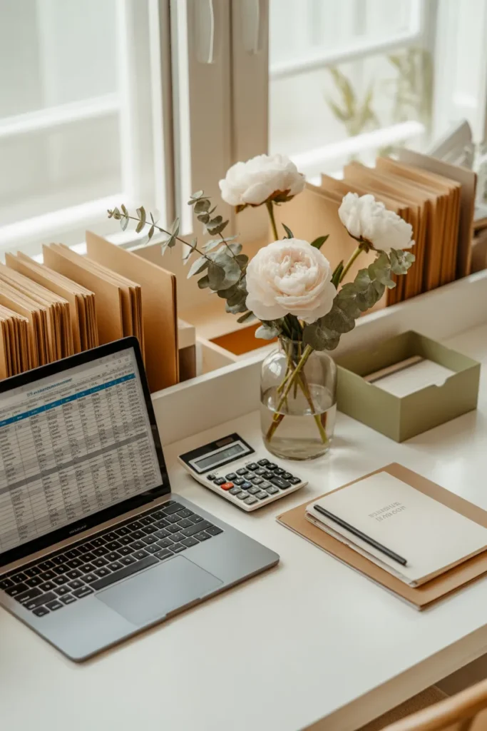 Bookkeeping setup on home desk with laptop and folders for single mom side hustle.