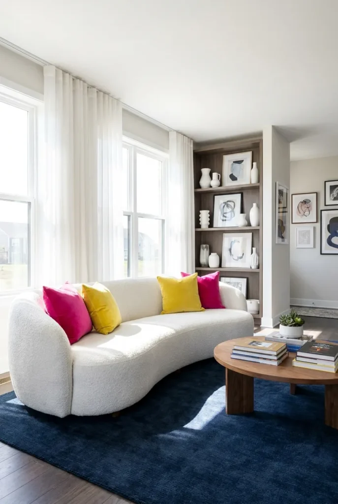 Bright furnished living room set up for an Airbnb rental arbitrage unit launch.