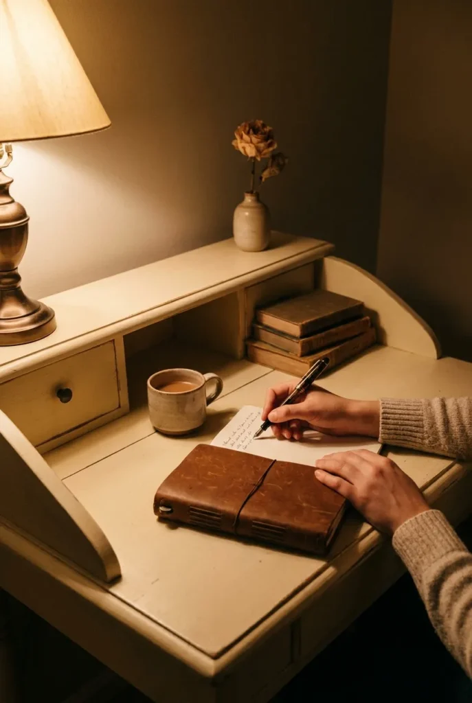 Choosing a side hustle for introverts journaling at cozy evening desk