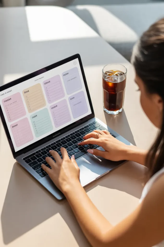 College student designing digital planner templates to sell online for passive income