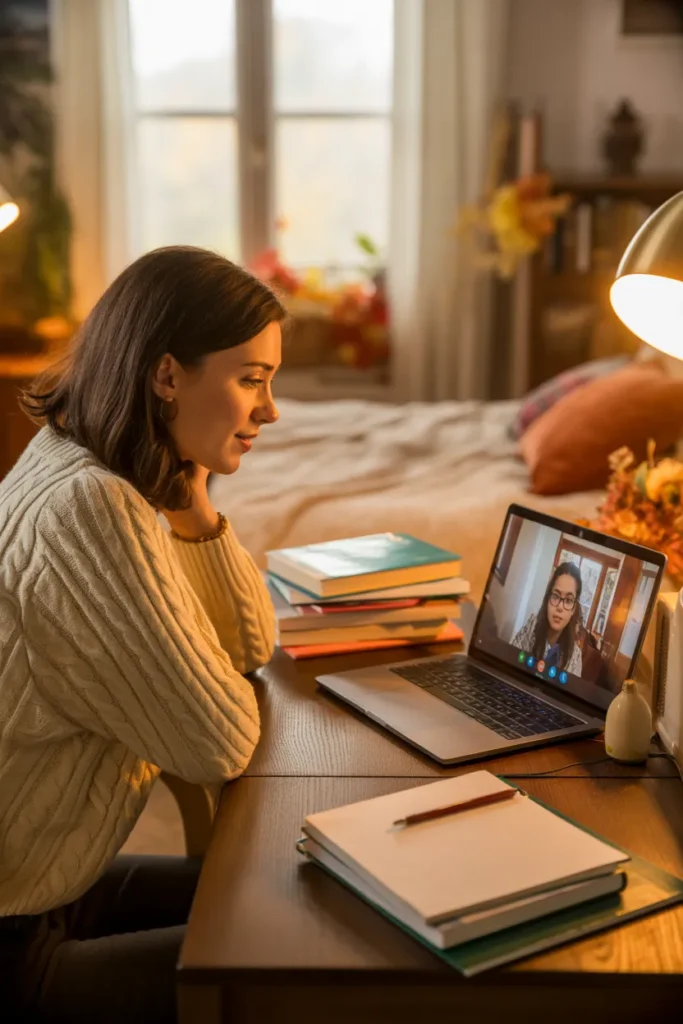 College student tutoring online from dorm room desk for $20 an hour