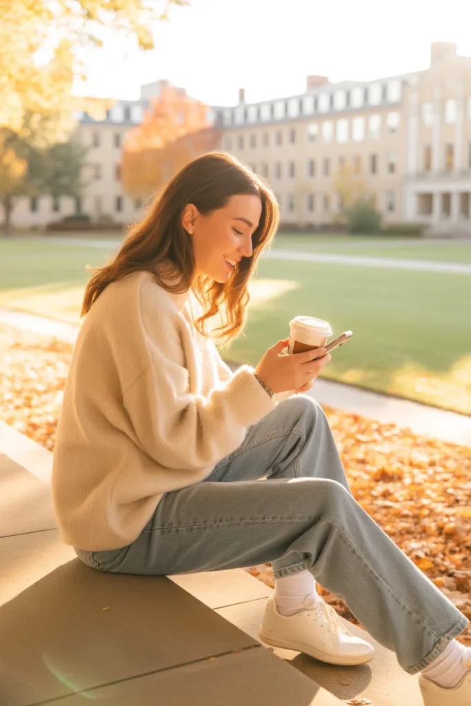 College student working a side hustle from her phone between classes on campus