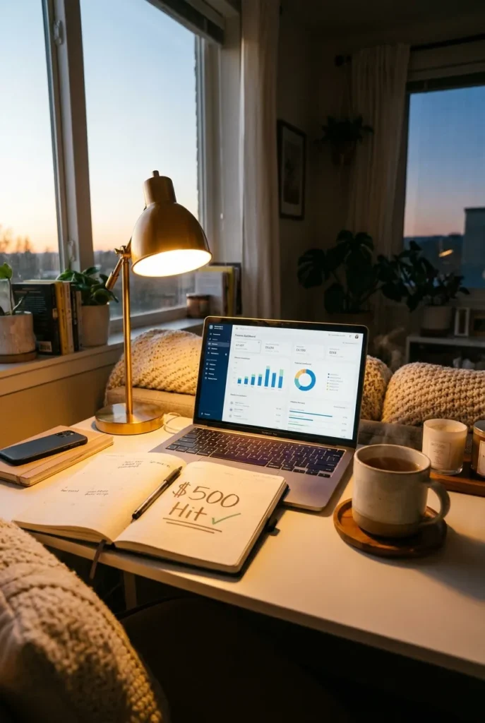 Cozy home office at dusk hitting the $500 a month side hustle goal milestone