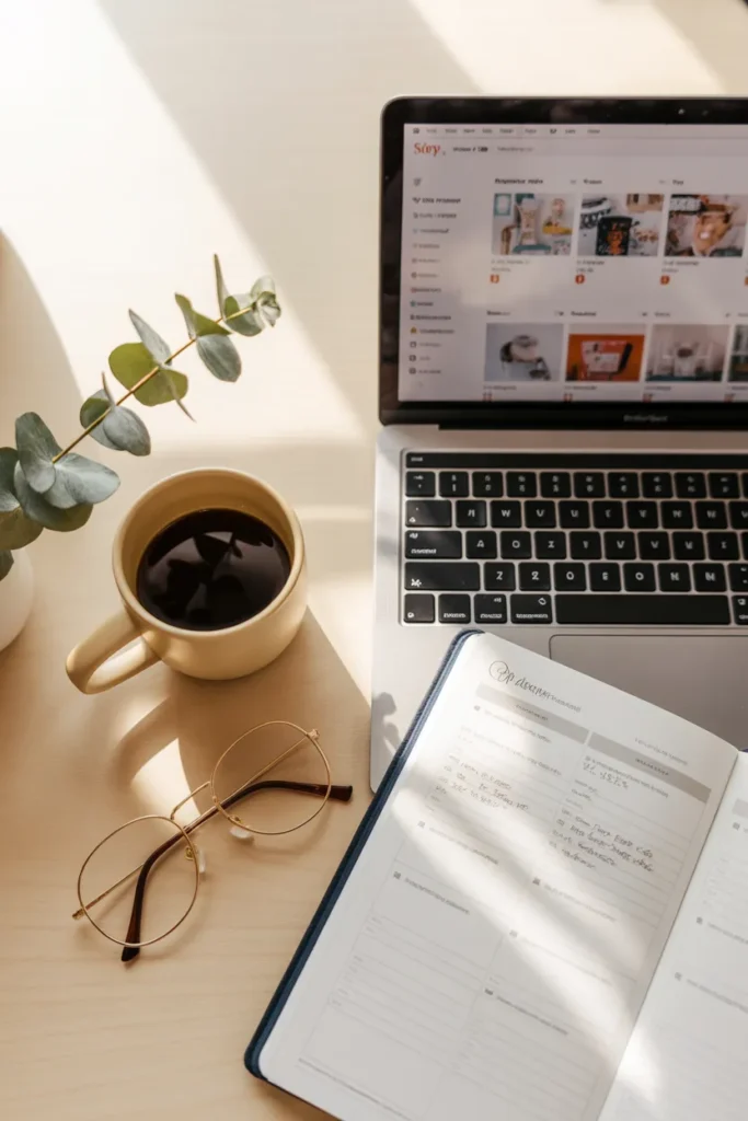 Cozy home workspace with laptop showing Etsy printables shop dashboard, planner page, and coffee mug