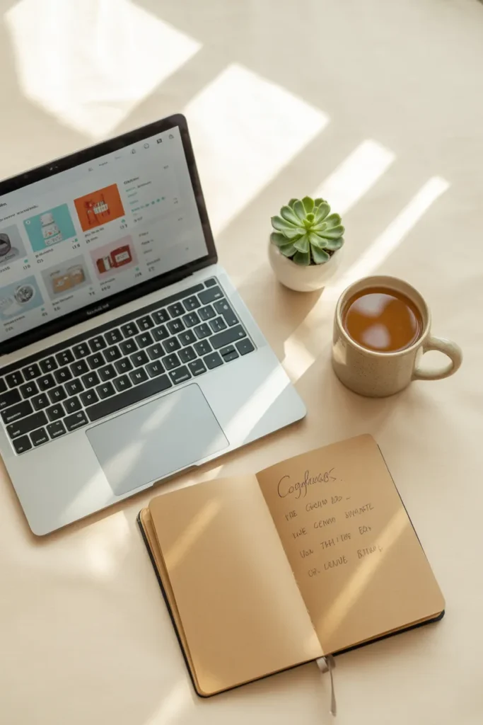 Cozy home workspace with laptop showing Etsy shop dashboard for how to make $1000 a month on etsy plan