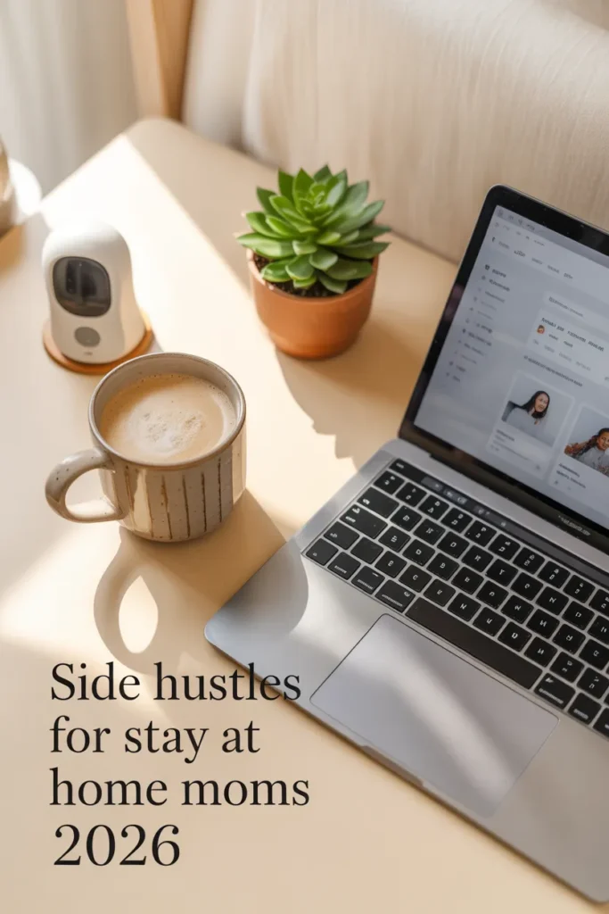 Cozy stay at home mom workspace flat-lay with laptop, latte, and baby monitor for 2026 side hustle ideas