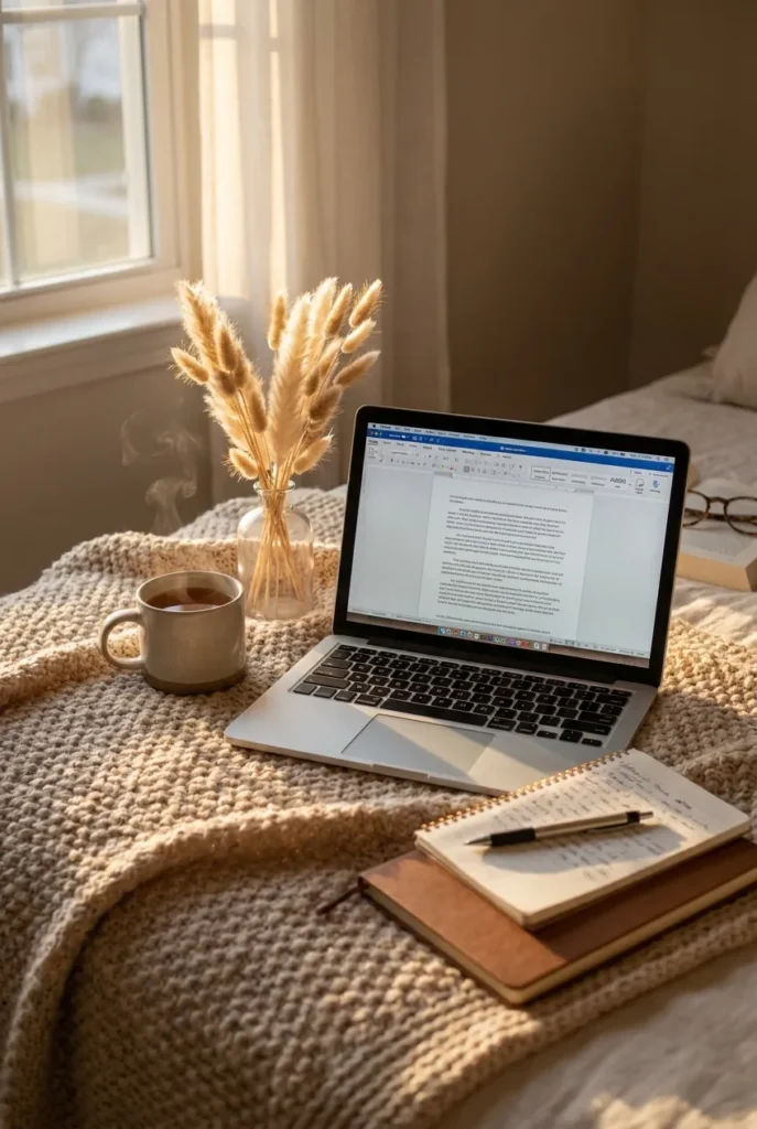 Cozy work from home introvert side hustle setup with laptop and tea