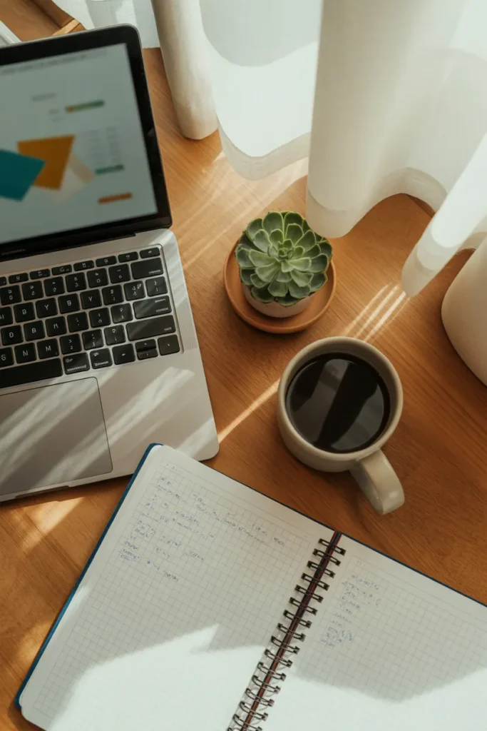 Desk with laptop and notebook calculating monthly income from peer-to-peer rentals