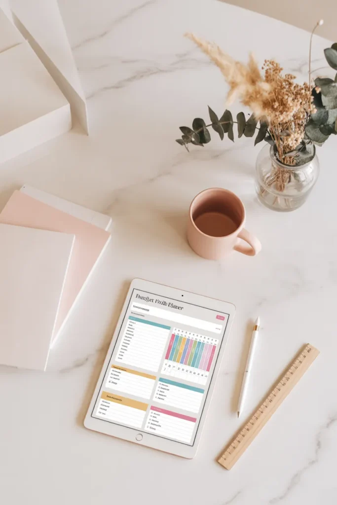 Digital planner mockup for selling no investment side hustles like Etsy printables.