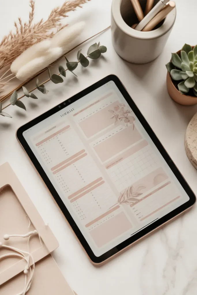 Digital printable planner mockup on tablet for Etsy side hustle for single moms.