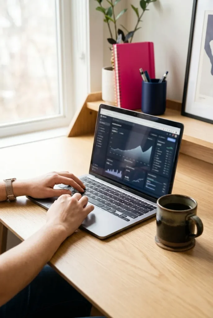 Faceless YouTube creator workspace with laptop showing YouTube Studio analytics dashboard