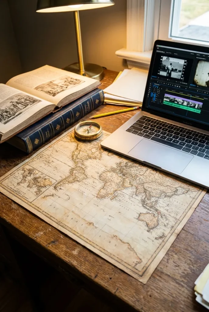 Vintage map and old book on desk beside laptop showing video editor for history YouTube channel