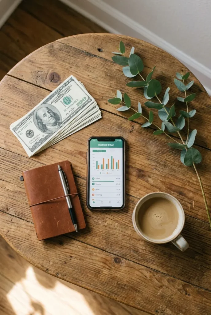 First $500 from side hustle stacked on desk with budgeting app and notebook
