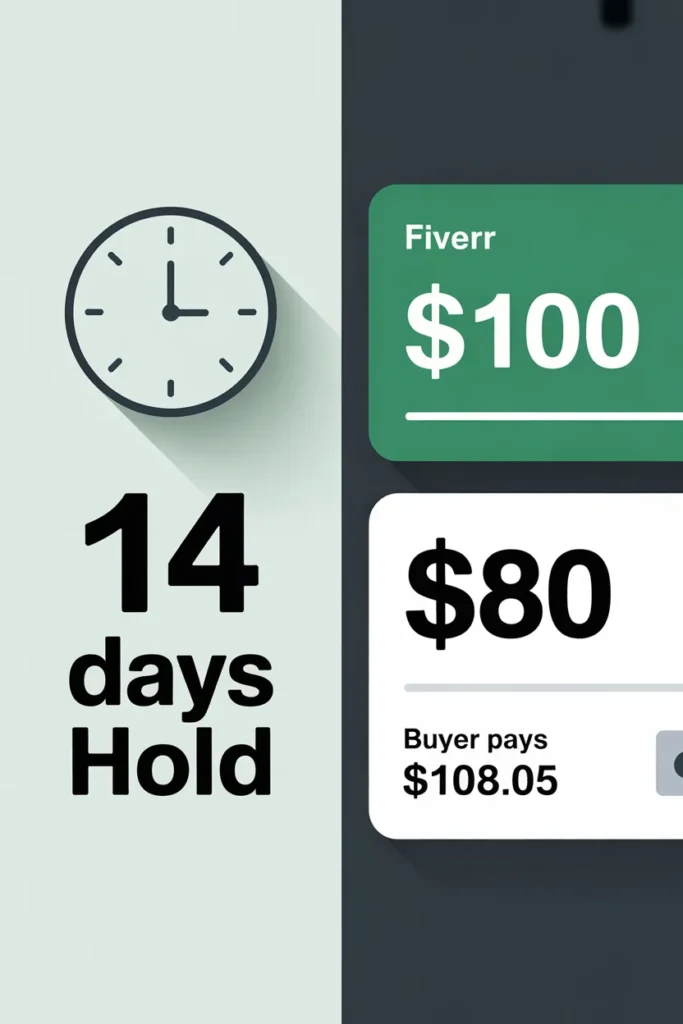 Fiverr 2026 fee breakdown showing 20 percent seller fee buyer fees and 14 day payment hold