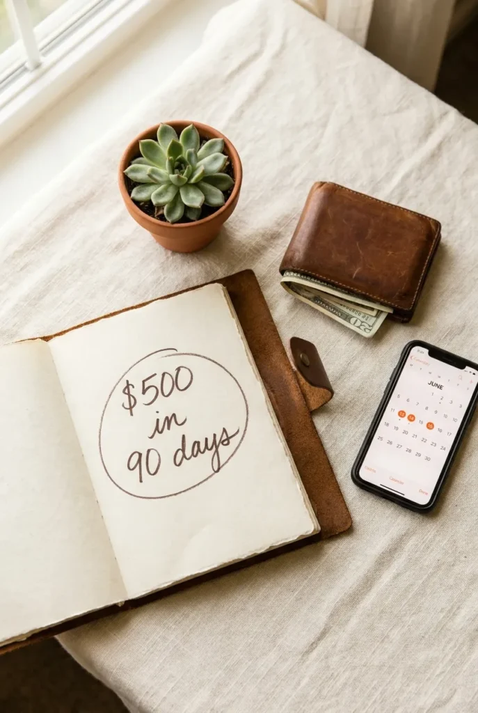 Flat lay desk planning how to make $500 a month from a side hustle with notebook and calendar