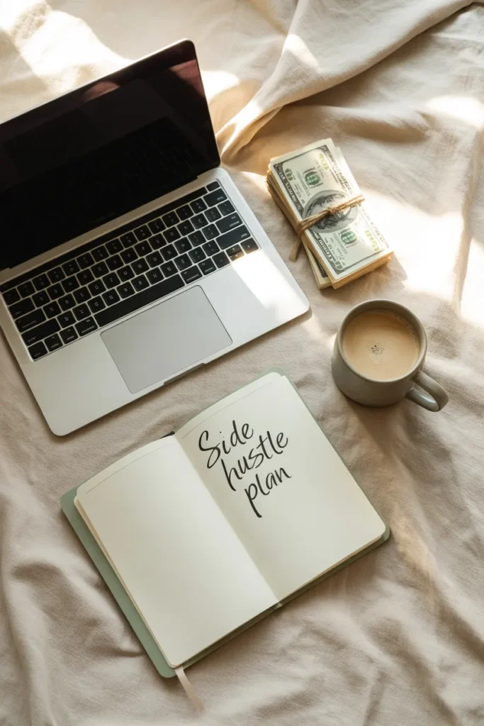 Flat lay of laptop coffee and notebook for side hustles you can start with no money in 2026