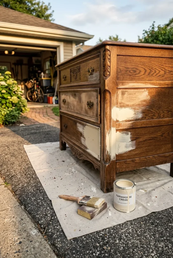 Furniture flipping side hustle that pays cash, refinishing a curbside dresser on a Saturday afternoon.