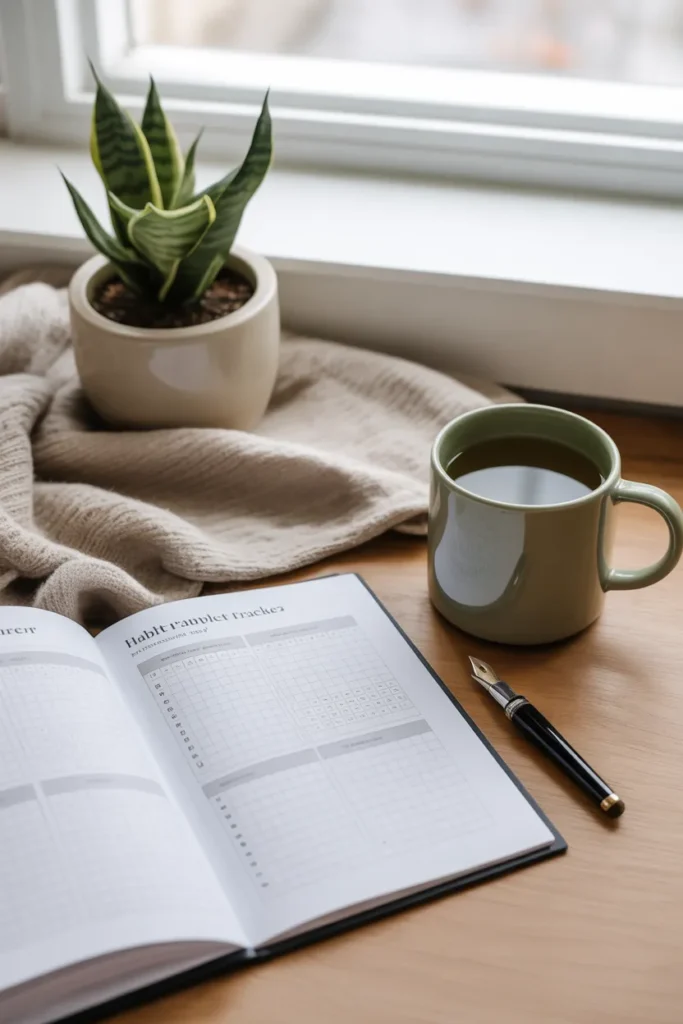 Habit tracker printable on a calm minimalist desk with herbal tea and plant