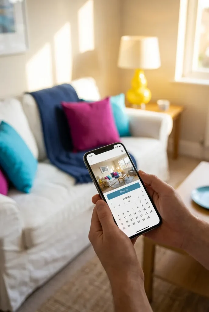 Hands holding phone with Airbnb app open showing a rental arbitrage unit listing.