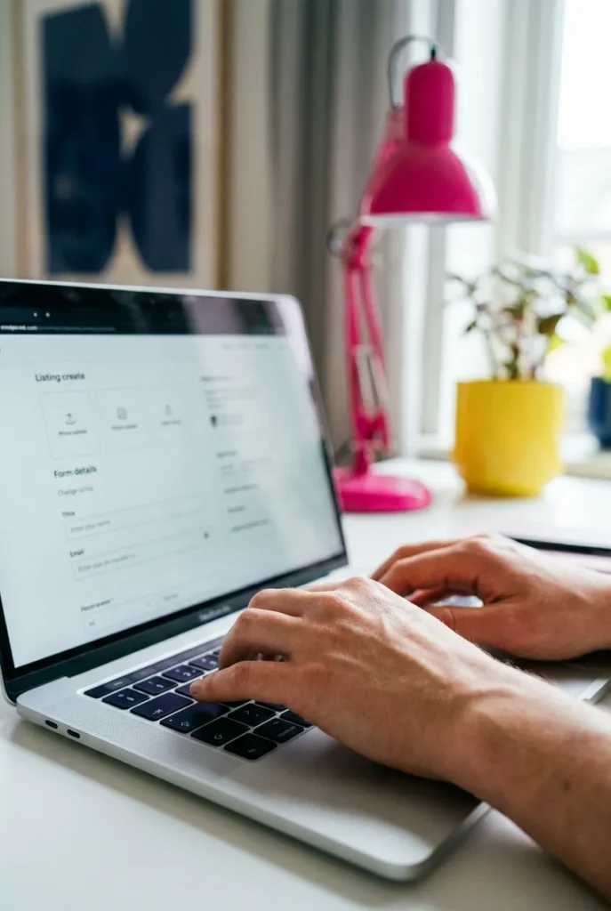 Hands typing on a laptop building an Airbnb rental arbitrage listing.