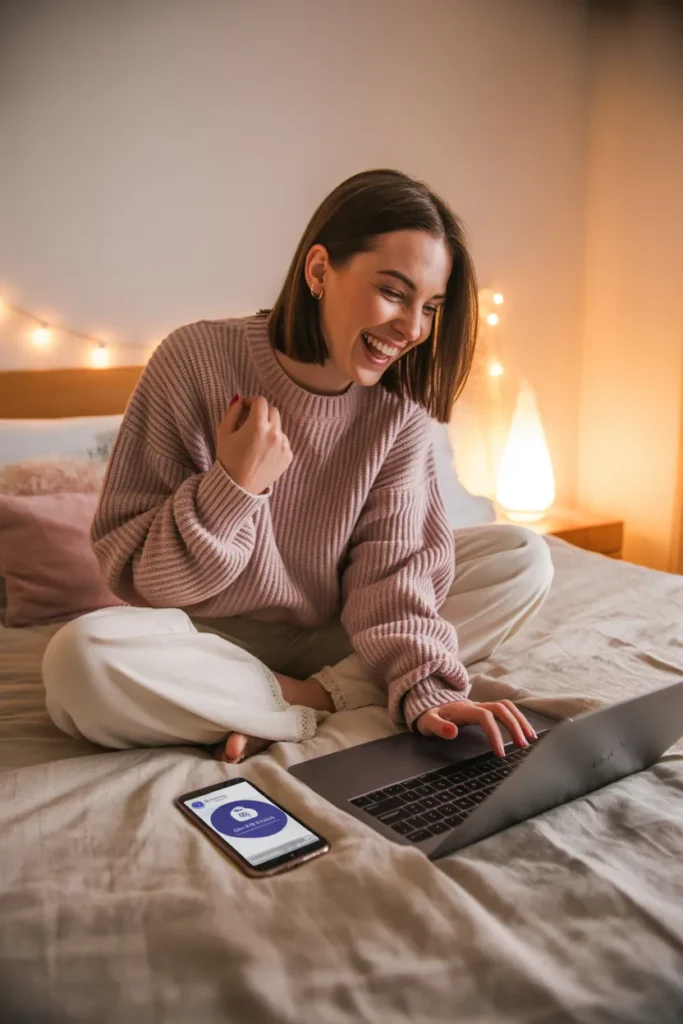 Happy college student celebrating first side hustle paycheck on her laptop