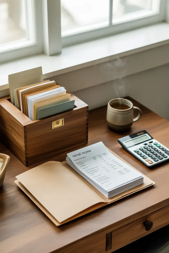 Home office desk organized for tracking peer-to-peer rental income for taxes
