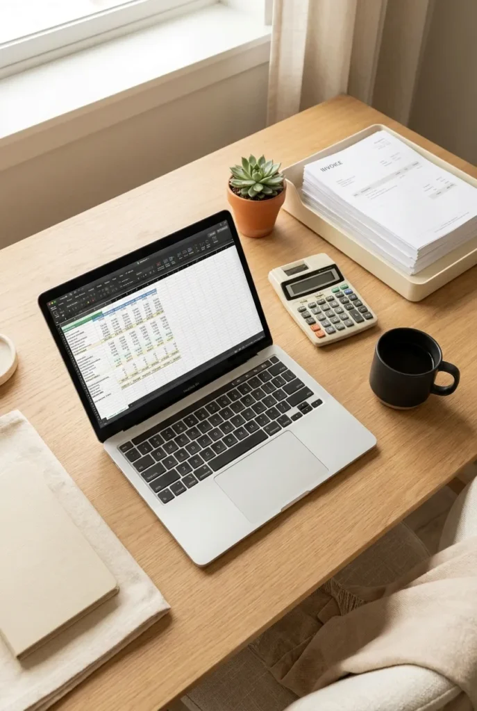 Home office desk setup for bookkeeping side hustle with laptop spreadsheet and calculator
