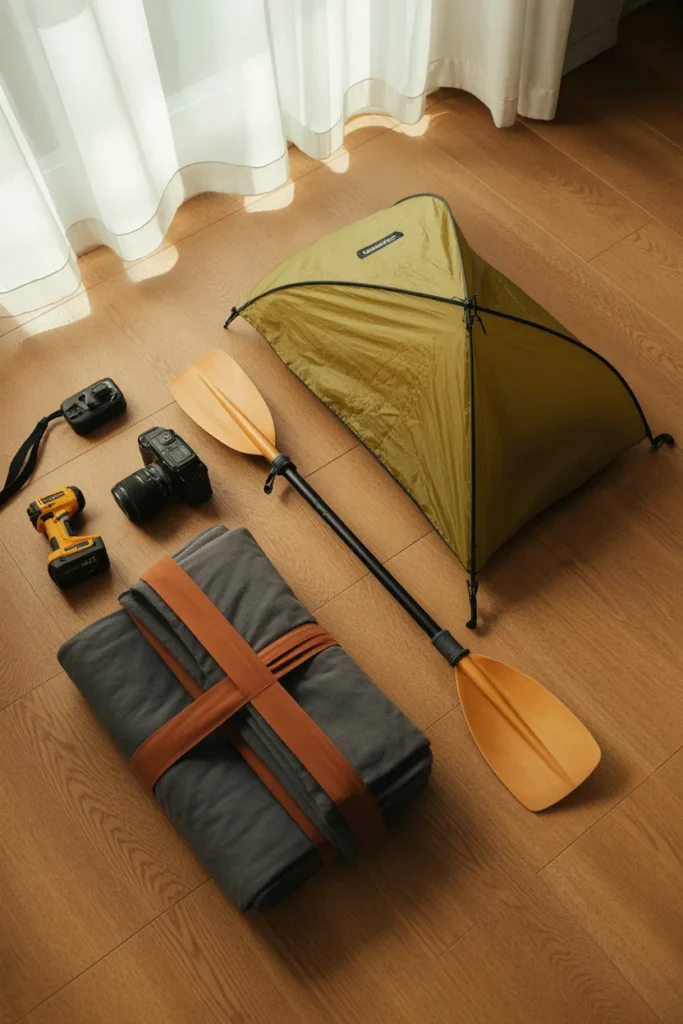 Household items laid out for peer-to-peer rentals including camera, drill, and camping gear