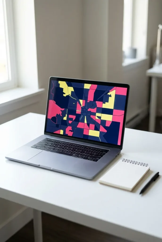 Laptop screen showing a US city map for short-term rental arbitrage legality research.