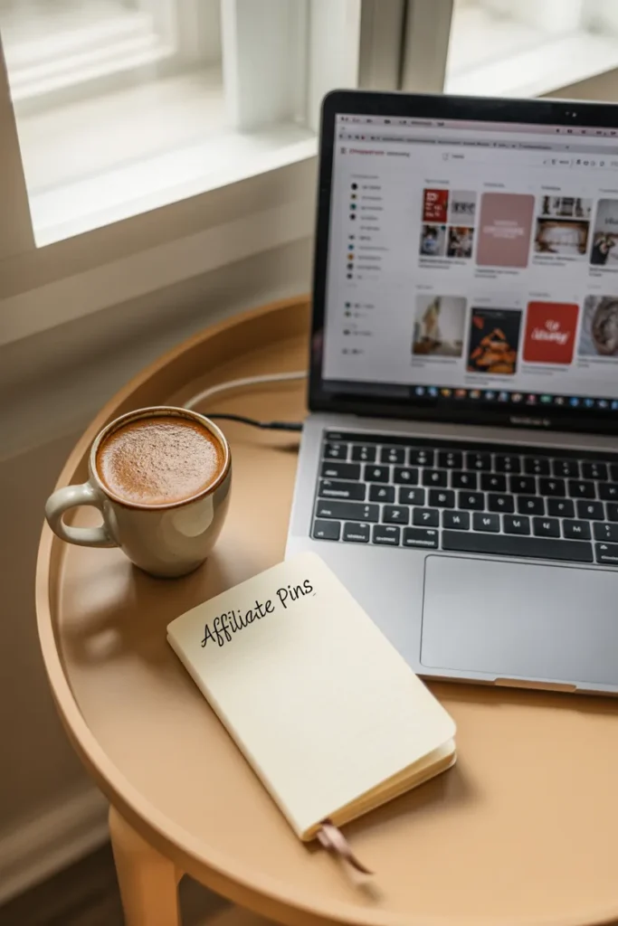 Laptop showing Pinterest dashboard on cozy beige desk with notebook labeled affiliate pins.