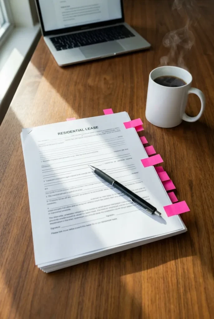 Lease agreement on a desk with a pen and coffee mug ready for short-term rental arbitrage negotiation.