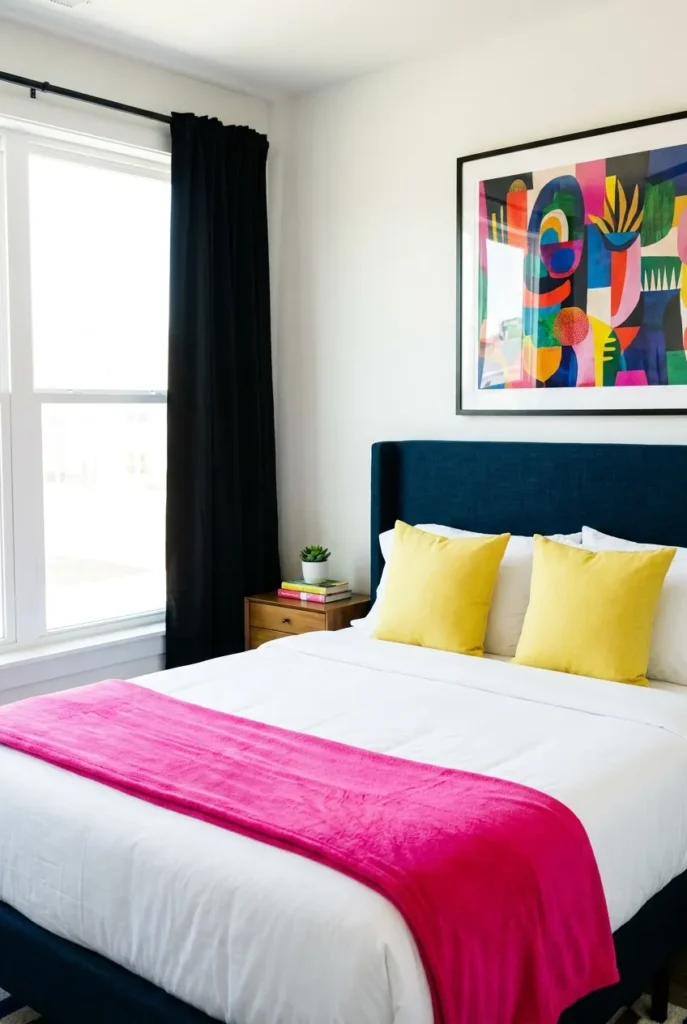 Modern Airbnb rental arbitrage bedroom styled with white linens and vibrant accents.