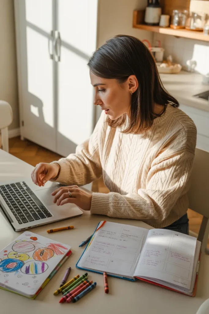 Mom working on side hustles for moms extra money at kitchen table with laptop.