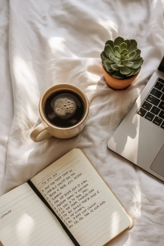 Notebook and coffee on white table showing planning for side hustles for single moms.