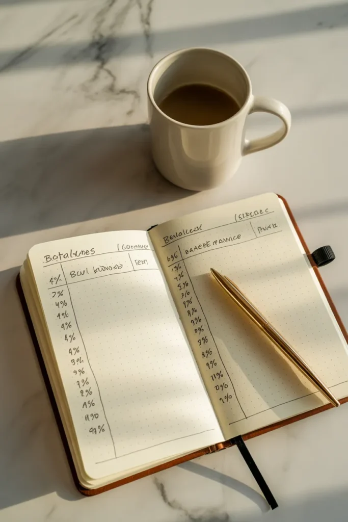 Notebook showing 50 30 20 budget breakdown for college student side hustle income