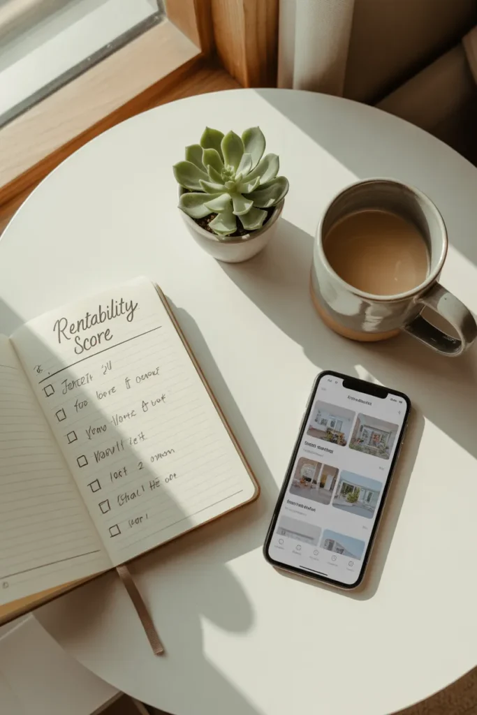 Notebook with rentability score checklist for choosing what stuff to rent out